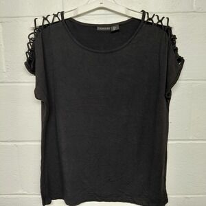 TAHARI Black Peekaboo Shoulder Short Sleeve Top Shirt Size XL Rock Goth Classy